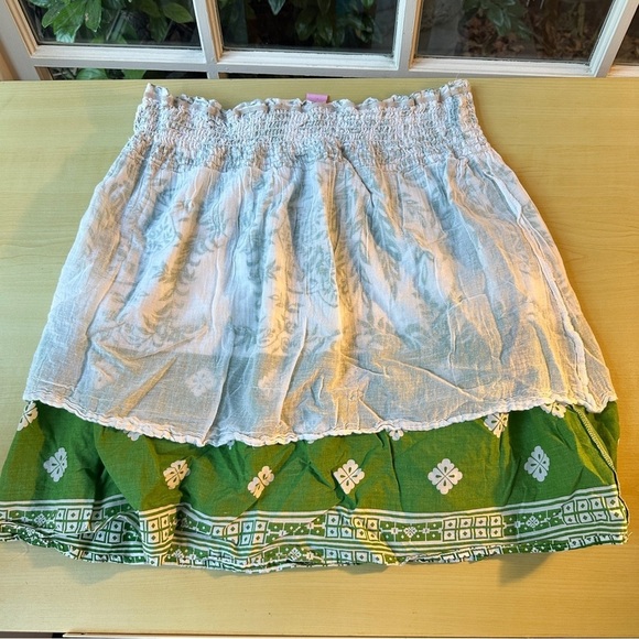 She's Cool Green and White Smocked Short Lined Bubble Mini Skirt size Large - Picture 12 of 15